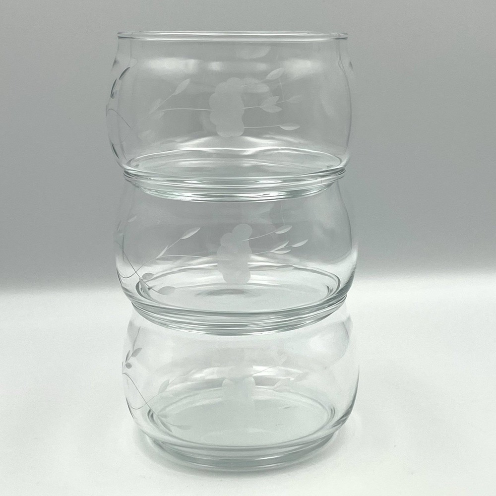 Vintage 1980s Princess House Heritage Stackable Bowls Set 3 Etched Floral Glass